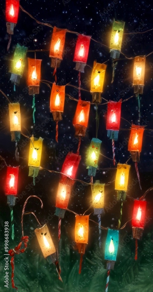 Aufkleber a digital illustration string of colorful paper lanterns hanging against a starry night sky