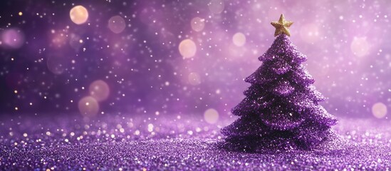 Fototapeta premium A purple Christmas tree with a gold star on top, standing on purple glitter, with a blurred background of purple and white lights.