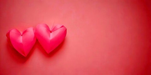 Fototapeta premium Two pink paper hearts are arranged diagonally on a pink background, creating a sense of movement and connection