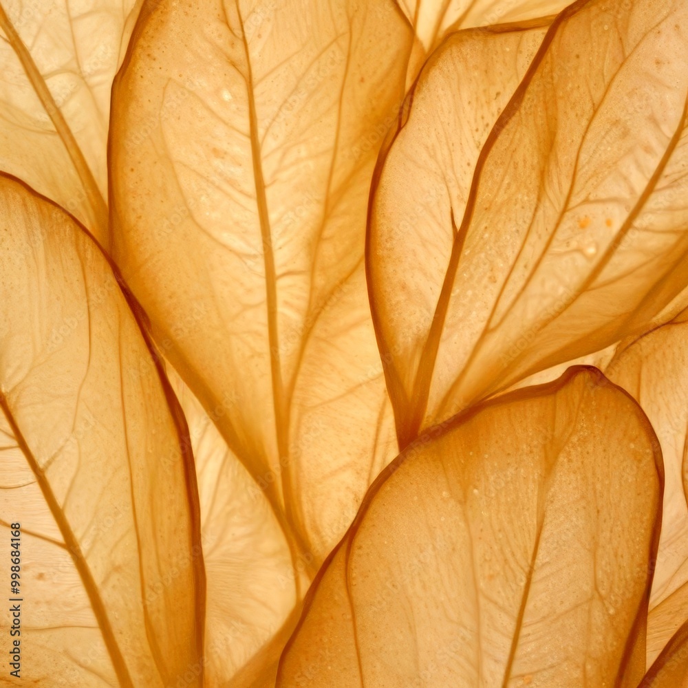 Poster a close-up view of delicate, translucent leaves in a warm, golden hue, creating a serene and etherea