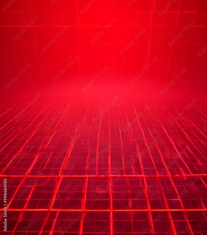 Poster a red grid-like pattern with a gradient effect, creating a sense of depth and dimensionality