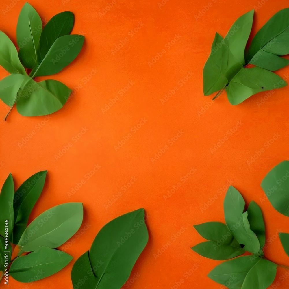Poster A collection of green leaves arranged in a square pattern on an orange background