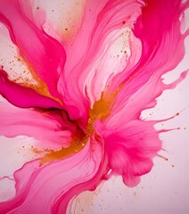 an abstract painting with pink and gold colors, resembling a flower or a swirling pattern The has used a technique called "pouring" to create the fluidity and movement