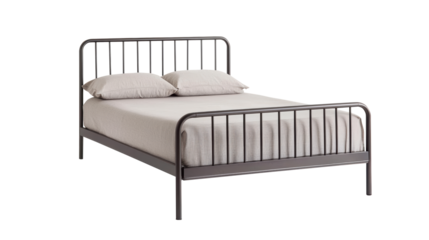 Vintage metal bed frame with a simple design, featuring beige bedding and pillows. The sturdy structure adds a classic touch to any bedroom. Isolated on transparent background, png.