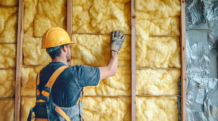 Worker installing yellow rock wool insulation in a residential wall for improved heat and sound control during construction