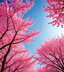 A vibrant scene of cherry blossoms in full bloom, with their delicate pink petals contrasting beautifully against the clear blue sky