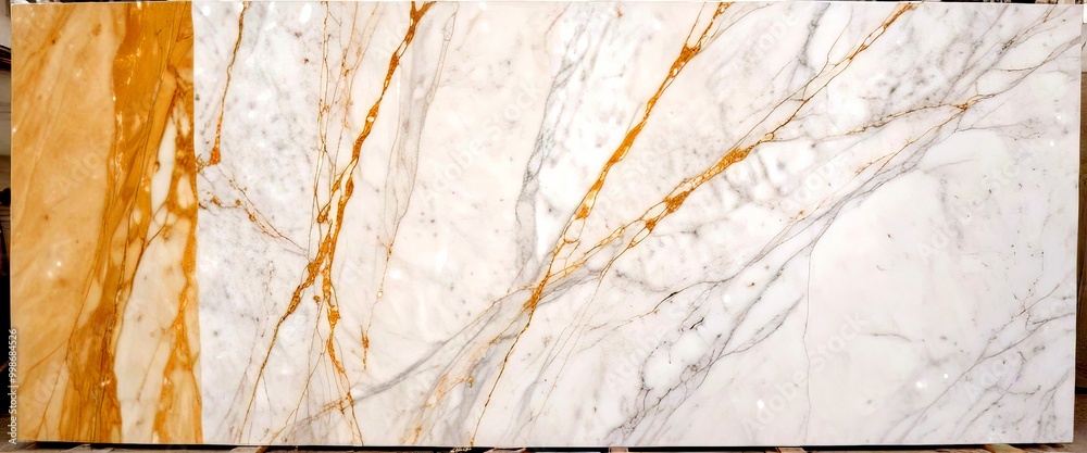 Poster A large, rectangular marble surface with a striking pattern of white and gold marble veins