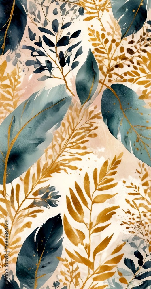 Poster a repeating pattern of leaves and branches in shades of blue, green, and gold, creating a visually striking and harmonious composition