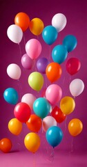 A cluster of colorful balloons in various shapes and sizes floats against a purple background
