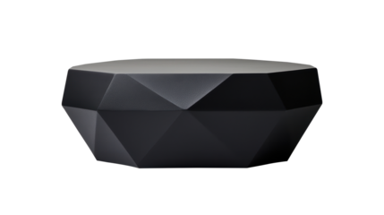 Faceted geometric black side table with a modern, angular design. Ideal for contemporary interior spaces, adding a stylish and sleek aesthetic to any room. Isolated on transparent background, png.