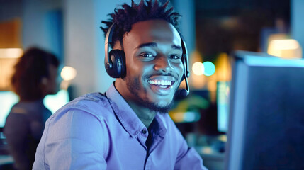 Happy call center agent working at night, smiling and assisting customers while wearing a headset in a vibrant office environment