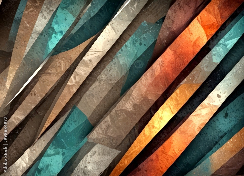 Poster a vibrant abstract composition of intersecting diagonal lines in various shades of brown, orange, and green, creating a dynamic and visually striking pattern