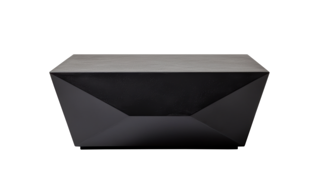 Black geometric console table featuring angular design and modern style. Its faceted structure adds a sleek, bold element to any contemporary interior decor. Isolated on transparent background, png.