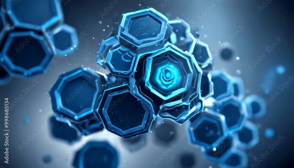 Poster a cluster of hexagonal structures with a central glowing blue hexagon, surrounded by a dark blue background with scattered white dots