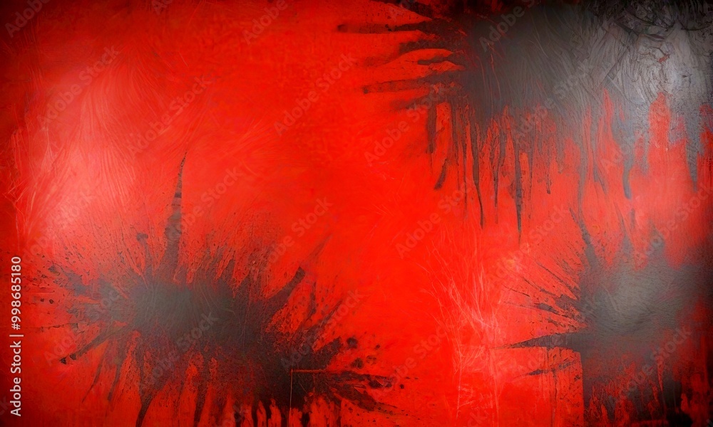 Poster a close-up view red surface with black splatters and drips, creating a dynamic and textured appearance