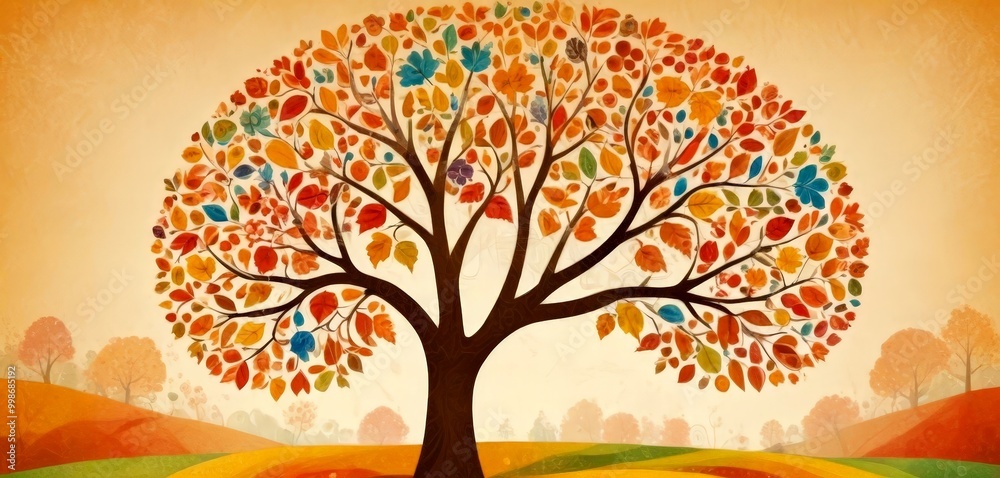Aufkleber a stylized tree with a vibrant autumnal canopy stands in a serene landscape, its branches spreading 