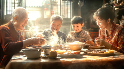 A loving Chinese family shares a delightful meal, enjoying steaming dishes and heartfelt conversations that strengthen their bonds and create lasting memories