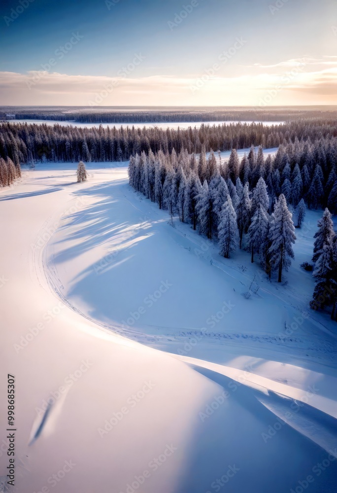 Poster a serene winter landscape features a snow-covered field with a winding path, surrounded by a dense f