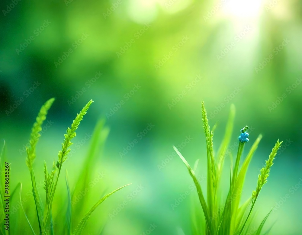 Poster a close-up view of lush green grass with a single blue flower in the foreground, set against a blurr