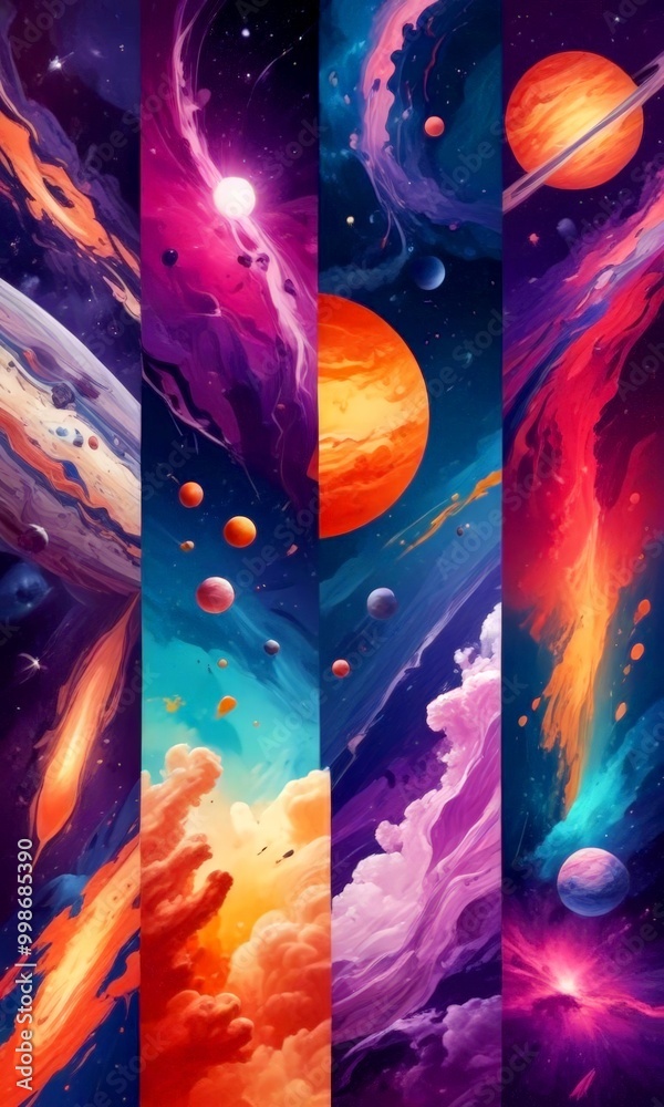 Poster a collage of three panels, each depicting a different celestial body and cosmic phenomenon the panel