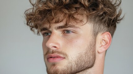 Modern wavy perm hairstyle for men on neutral background – hair fashion trend