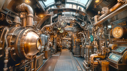 Fototapeta premium Wander through a fantastical steampunk city where brass pipes and gears intertwine, showcasing an imaginative blend of Victorian elements and modern technology
