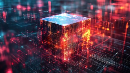 Obraz premium 3D abstract cube rotating with data streams, multi-dimensional analysis