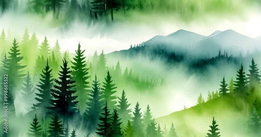 Poster a serene landscape with a dense forest of pine trees and rolling hills, partially obscured by a mist