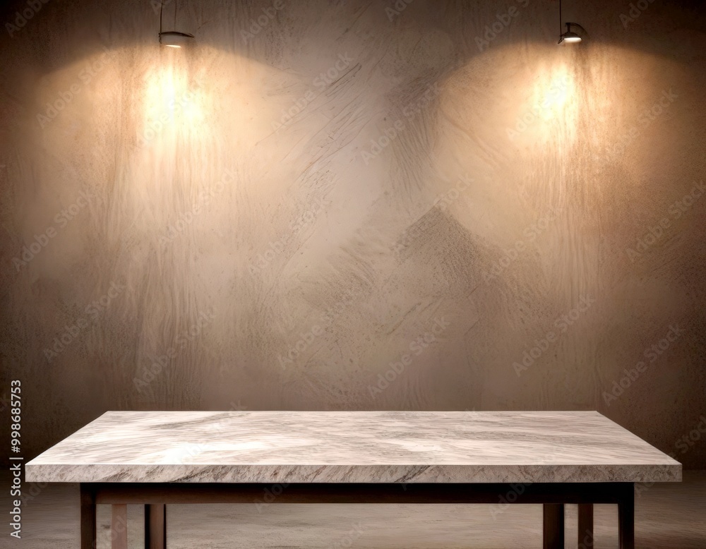 Poster a marble table with a dark metal frame sits in a dimly lit room, illuminated by two spotlights on ei