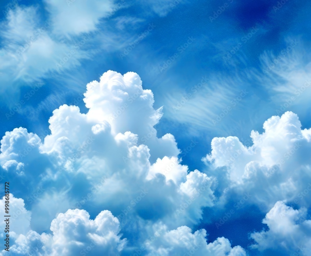 Poster a serene sky filled with fluffy white clouds, creating a tranquil and peaceful atmosphere