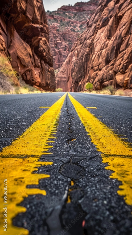 Poster a road with yellow lines and a canyon in the background
