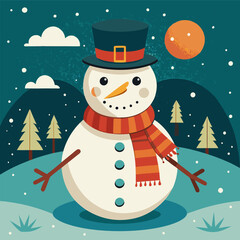 Winter Snowman with Scarf and Top Hat in a Festive Snowy Scene