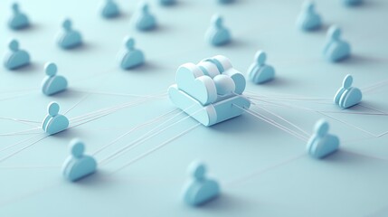 A cloud computing icon connected to numerous small human figures by thin lines on a light blue background, representing data sharing and connection.