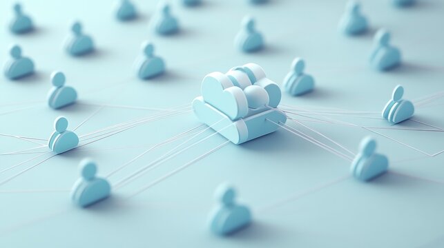 A cloud computing icon connected to numerous small human figures by thin lines on a light blue background, representing data sharing and connection.