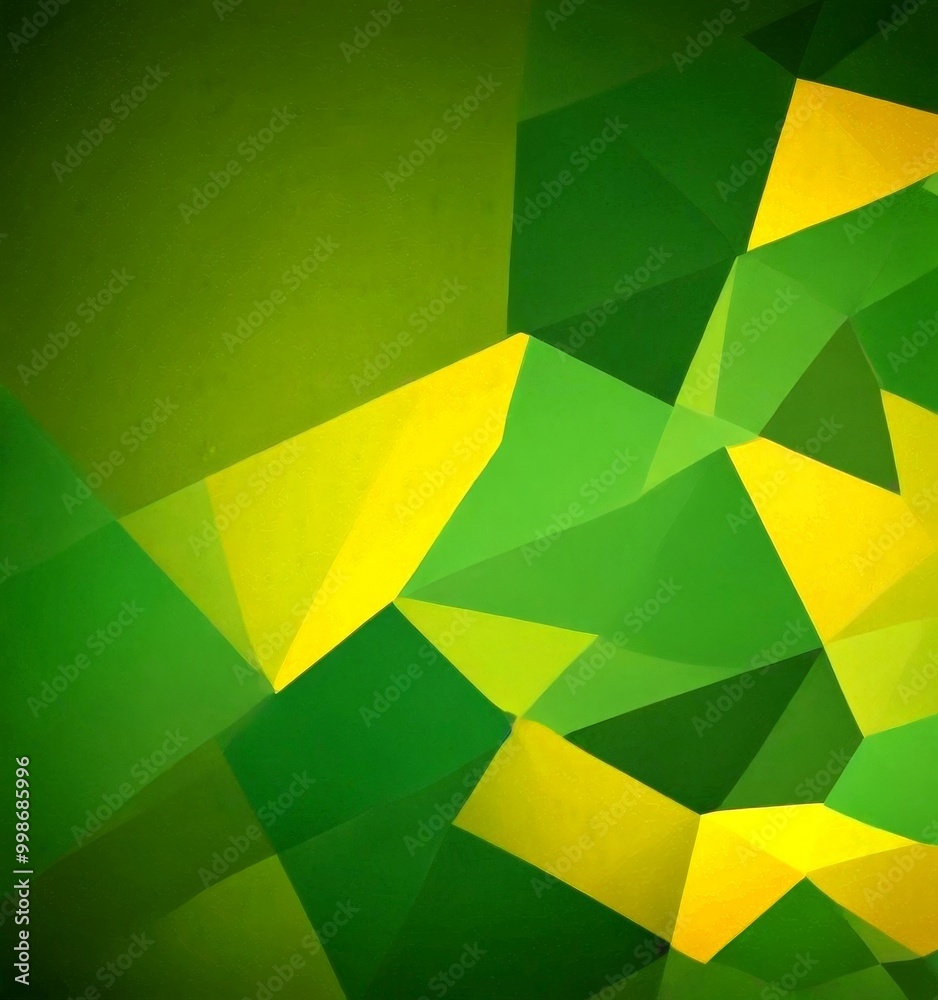 Poster a vibrant abstract composition of overlapping triangular shapes in various shades of green and yellow, creating a dynamic and visually striking pattern