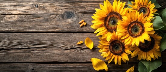 Close-up of vibrant yellow sunflowers on a rustic wooden background with sunflower petals scattered around them.