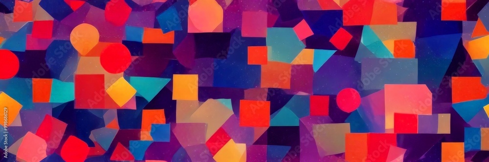 Poster a vibrant abstract composition featuring a variety of geometric shapes in a range of colors, includi