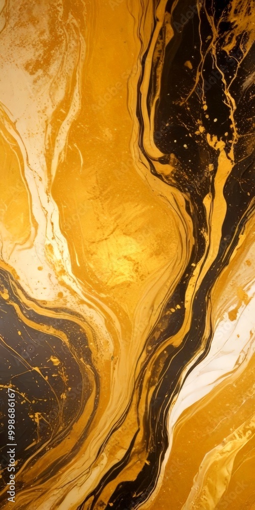 Poster a striking abstract pattern with swirling lines and splashes of gold and black paint, creating a dynamic and visually captivating composition