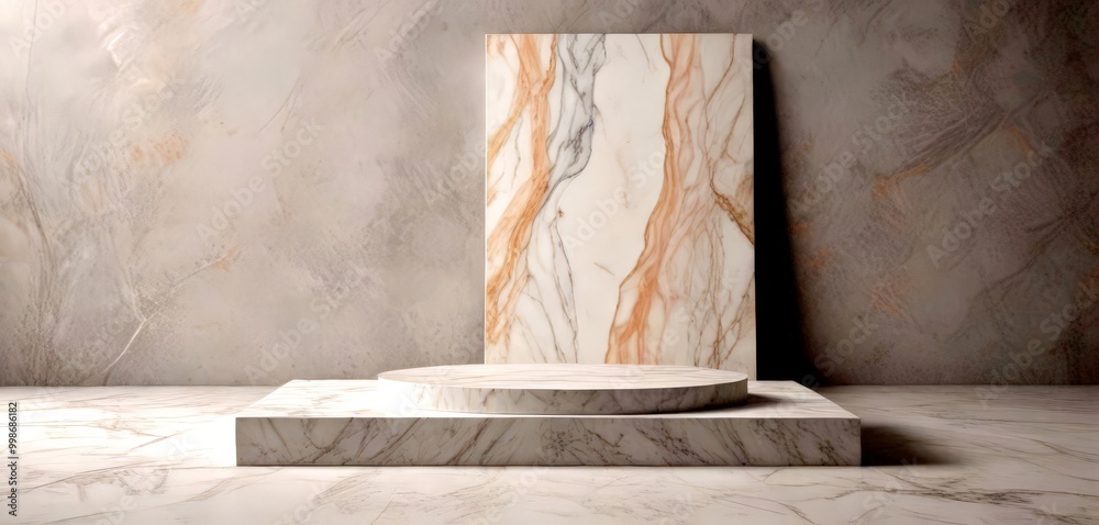 Poster Marble pedestal with a circular base and a rectangular panel with a marble pattern, set against a gray wall