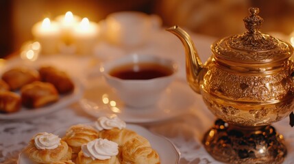 Fototapeta premium Russian tea ceremony with samovar and pastries for cozy gatherings