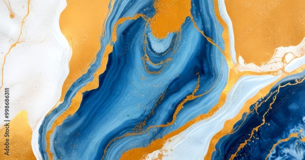 Poster a striking abstract pattern with swirling blue and gold hues, creating a sense of movement and dynamism