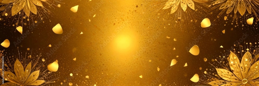 Poster a golden background with scattered golden petals and leaves, creating a sense of movement and depth