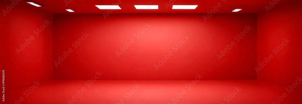 Poster an empty room with a red wall and a white ceiling, featuring three rectangular lights evenly spaced 