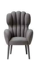 Gray upholstered armchair featuring a curved backrest and padded arms. It adds comfort and style to any living room or modern interior space. Isolated on transparent background, png.