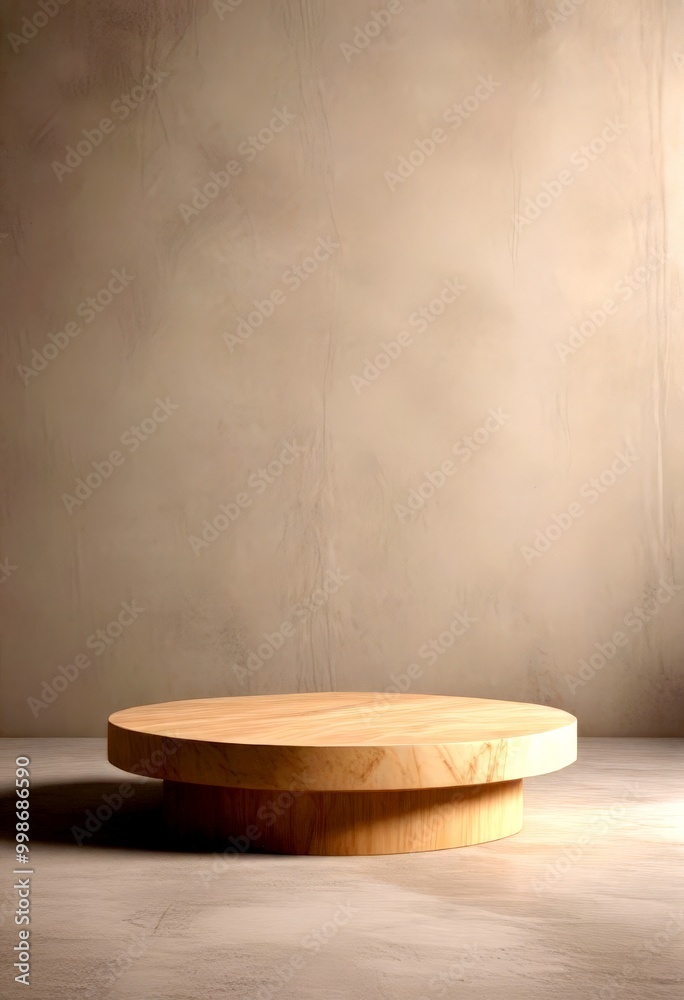 Aufkleber a minimalist wooden podium with a round base and a flat top sits in a room with a gray wall and a co