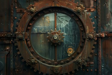 Fototapeta premium Closeup of a large rusty gear covering a broken window of an old industrial machine
