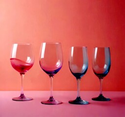 Four wine glasses of different colors and shapes are arranged in a row on a pink background