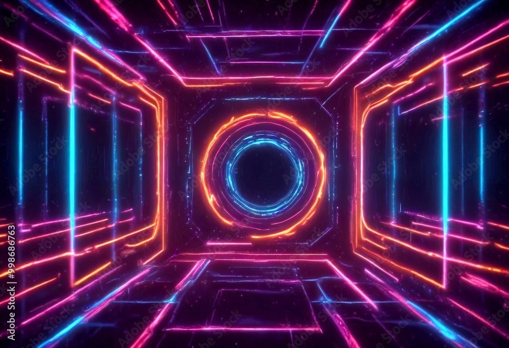 Poster a futuristic, neon-lit corridor with a central circular opening, flanked by two rectangular openings on either side The corridor is illuminated by a