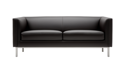 Sleek black leather loveseat featuring stainless steel legs and a modern design. Ideal for stylish living spaces or office environments. Isolated on transparent background, png.