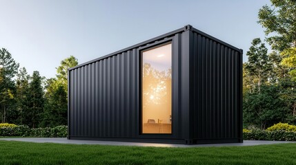 Fototapeta premium Compact container work room exterior with grey metal siding, rooftop garden, and coastal view